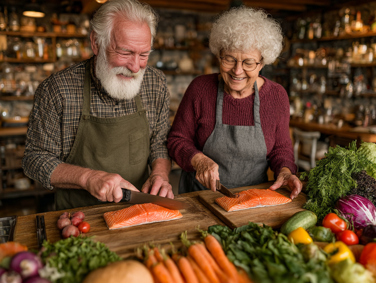 Пожилий чоловік та жінка готують здорову їжу разом